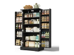 Aparador alto de cocina - 60 x 40 x 120 cm - con LED + 2 puertas con estantes regulables y baldas en la puerta - MDF - negro
