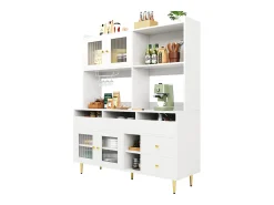 Aparador alto de cocina - 145 x 39 x 171 cm - con 4 puertas de cristal + 5 cajones - MDF - blanco