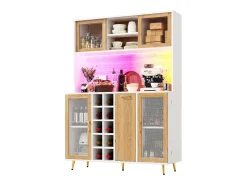 Aparador alto de cocina - 120 x 40 x 170 cm - con LED + botellero + estante snack + 5 puertas + toma de corriente - MDF - natural