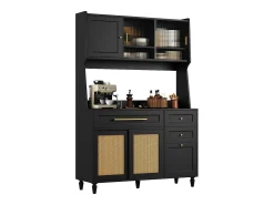 Aparador alto de cocina - 120 x 45 x 195,5 cm - con estantes regulables + 3 cajones + 3 puertas + LED - MDF + ratán PE - negro