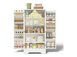 Aparador alto de cocina - 60 x 40 x 120 cm - con LED + 2 puertas con estantes regulables y baldas en la puerta - MDF - blanco