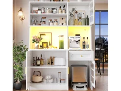 Aparador alto de cocina - 130 x 45 x 180 cm - con puertas de cristal + LEDs + cajón + estante - MDF - blanco