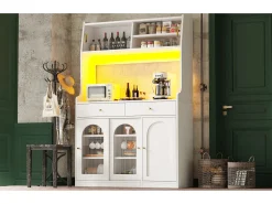 Aparador alto de cocina - 120 x 40 x 180 cm - con estantes regulables + 2 cajones + 3 puertas + LED - MDF + PB - blanco