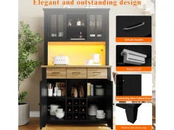 Aparador alto de cocina con 4 puertas + 3 cajones + estante + luces LED - 106 x 40 x 179,5 cm - MDF - negro