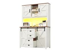 Aparador alto de cocina con puertas correderas, 2 cajones e iluminación LED - Tapa de madera oscura - Blanco