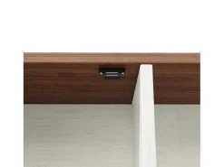 Aparador alto de cocina con puertas correderas, 2 cajones e iluminación LED - Tapa de madera oscura - Blanco
