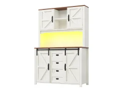 Aparador alto de cocina con puertas correderas, 2 cajones e iluminación LED - Tapa de madera oscura - Blanco