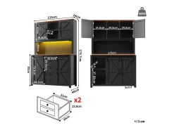 Aparador alto de cocina con puertas correderas, 2 cajones e iluminación LED - Tapa de madera oscura - Negro