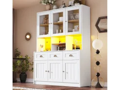 Aparador alto de cocina con iluminación LED, diseño moderno, MDF, blanco/negro, estantes regulables (140x40x175cm)