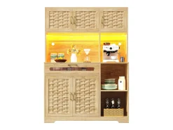 Aparador alto de cocina para salón - 120 x 40 x 180 cm - con 1 cajón + 6 puertas + LED - Cristal + MDF + metal - natural