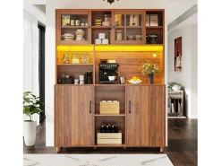 Aparador alto de cocina para salón - 120 x 40 x 185cm - con 4 puertas + LED - estilo retro - MDF + cristal - natural