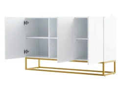 Aparador alto de diseño moderno, MDF, color blanco con acabados brillo, 3 puertas y estantes regulables (130x35x76 cm)