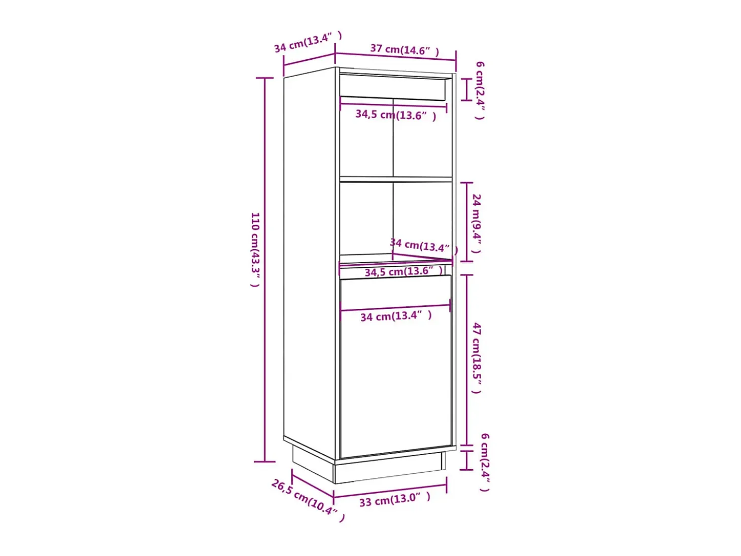 Aparador alto de madera maciza de pino banco 37x34x110 cm