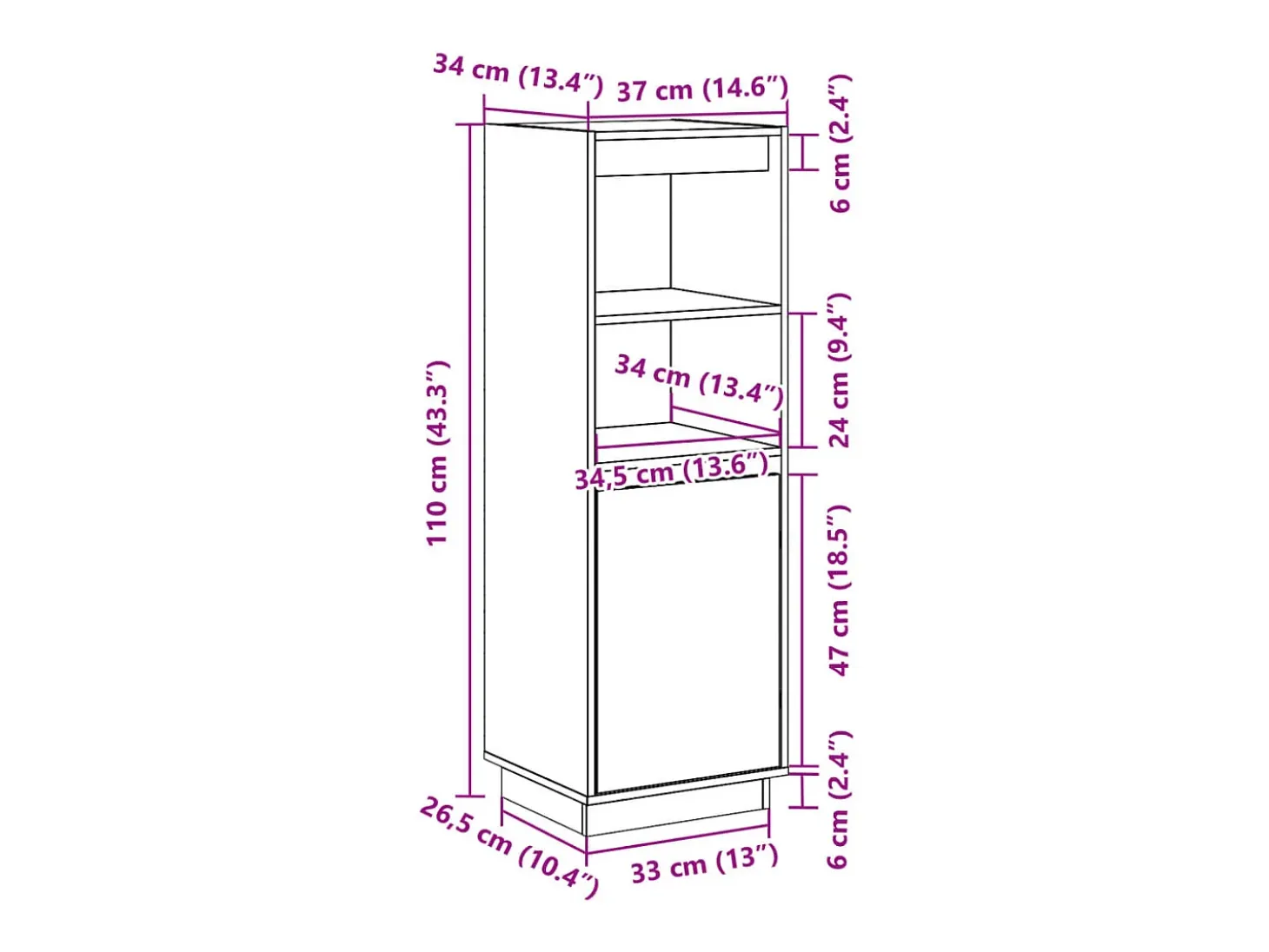 Aparador alto de madera maciza de pino banco 37x34x110 cm