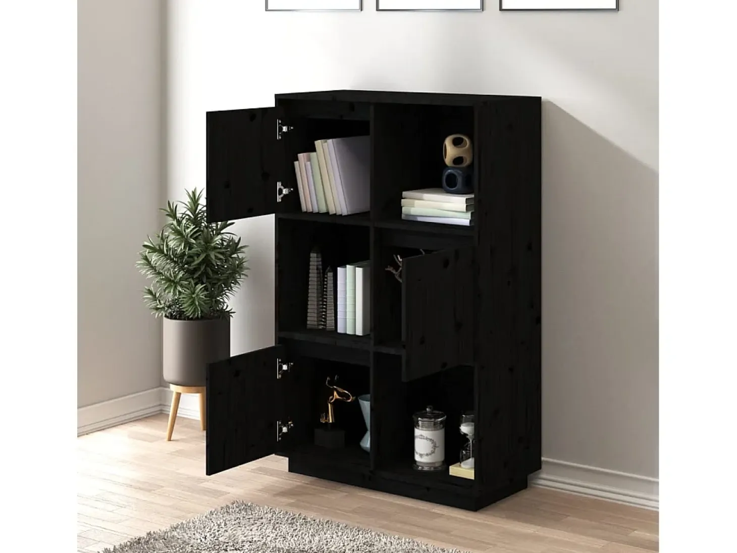 Aparador alto de madera maciza de pino negro 74x35x117 cm ES31979
