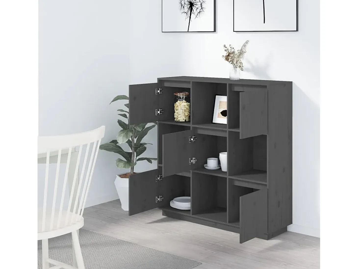 Aparador alto de madera maciza de pino gris 110,5x35x117 cm