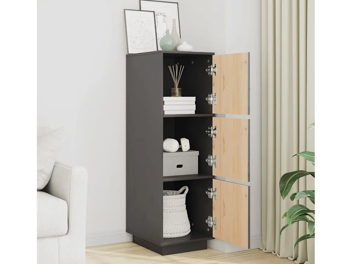 Aparador alto Gris 34x40x108,5 cm Madera maciza de pino