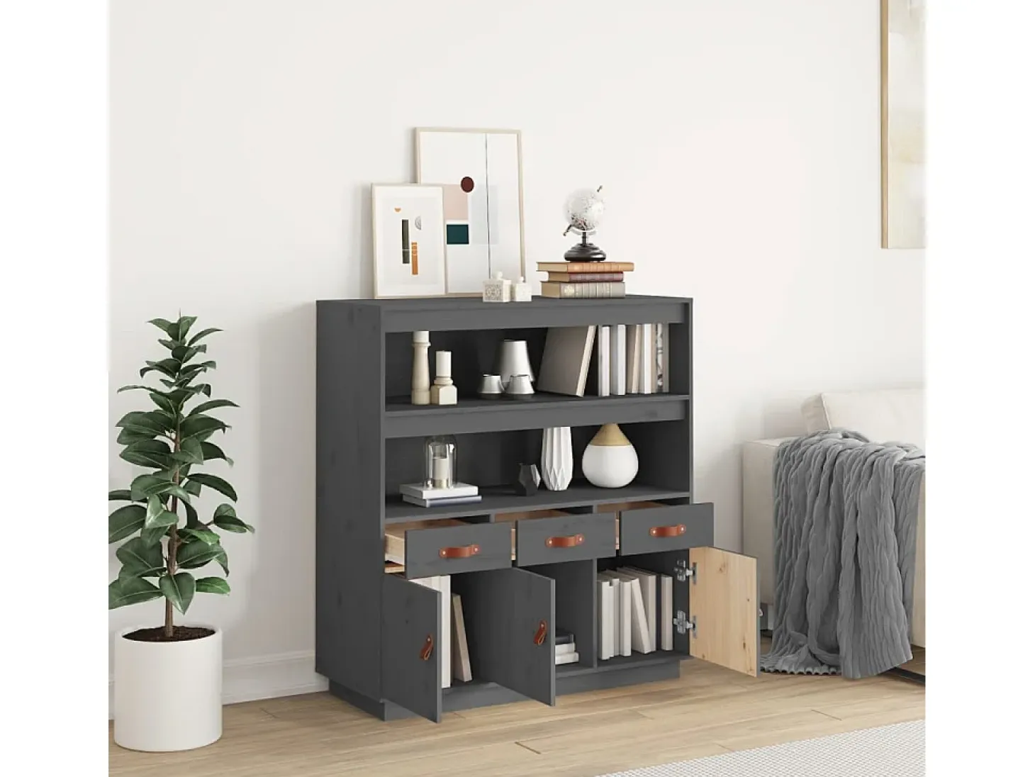 Aparador alto Gris 100x40x108,5 cm Madera maciza de pino