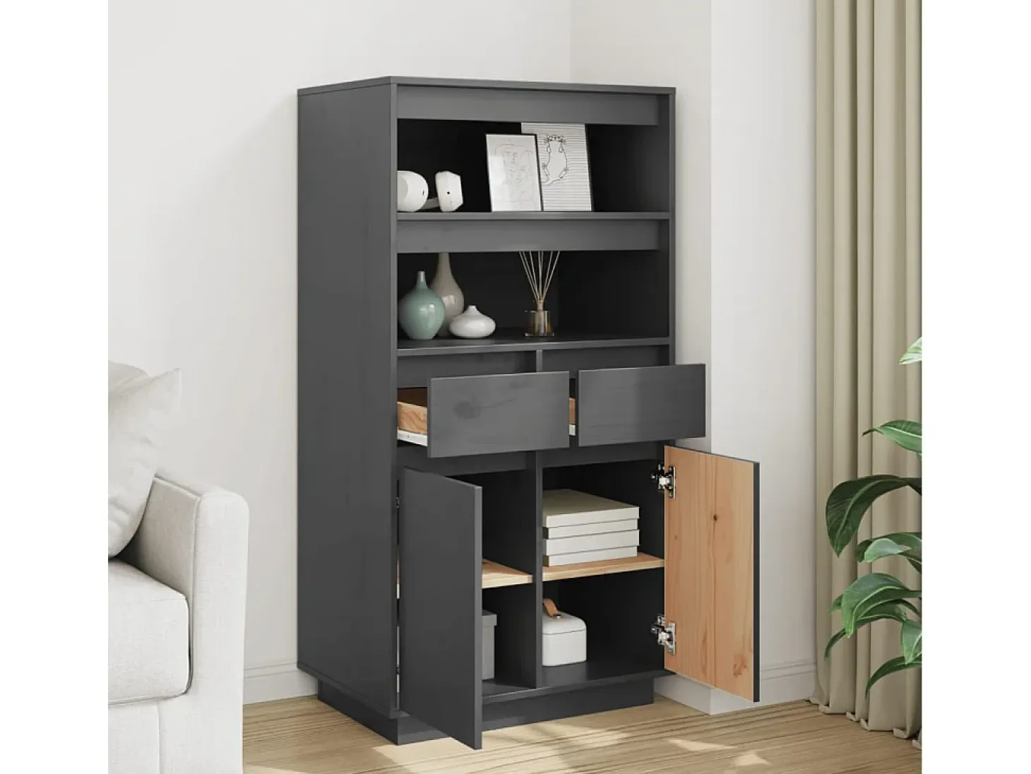Aparador alto Gris 60x40x116,5 cm Madera maciza de pino