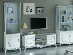 Aparador alto LED Dannie con 1 puerta, madera lacada en blanco y plata