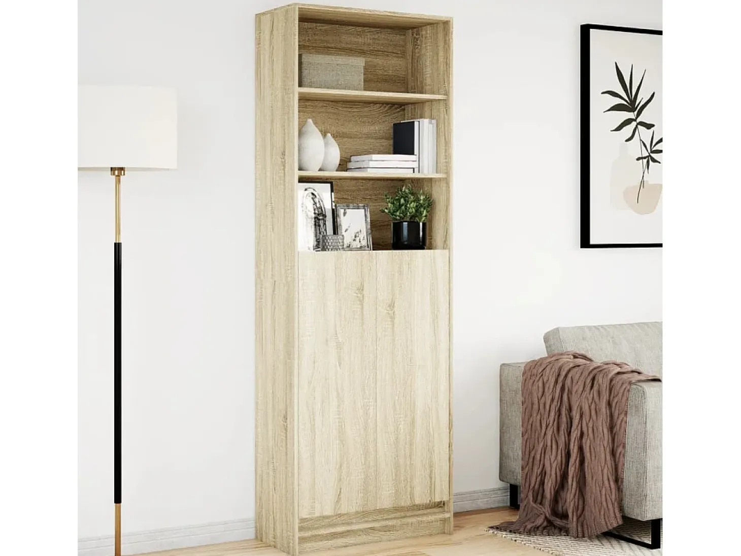 Aparador alto LED roble Sonoma 69x32,5x200 cm madera de ingeniería