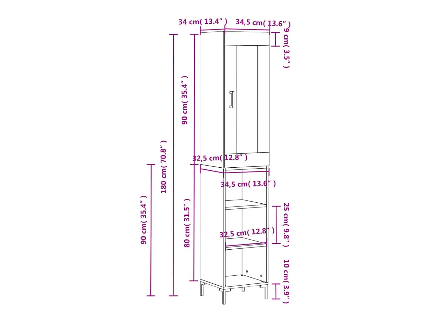 Aparador alto madera contrachapada blanco 34,5x34x180 cm