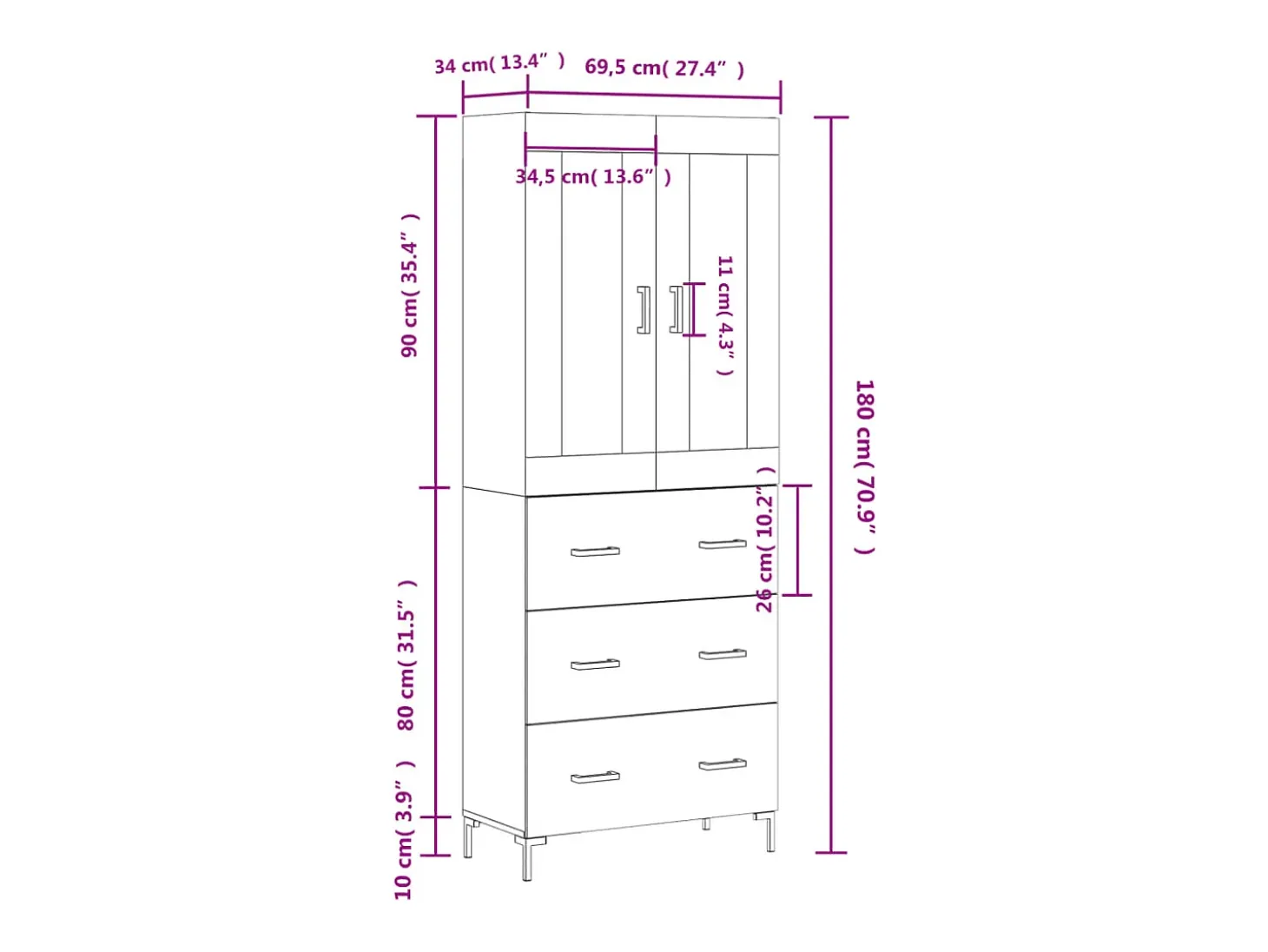 Aparador alto madera contrachapada color roble 69,5x34x180 cm