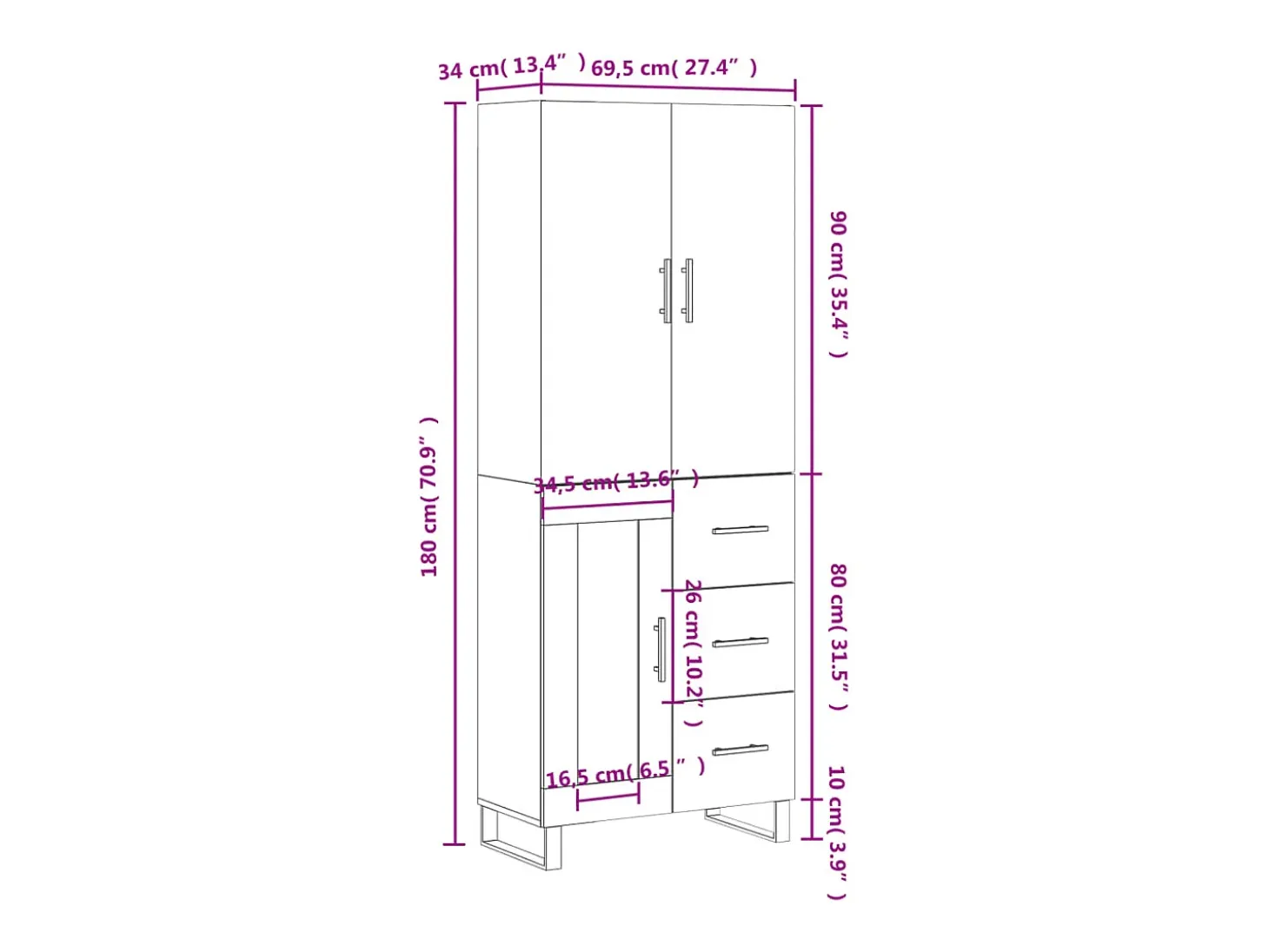 Aparador alto madera contrachapada color roble 69,5x34x180 cm