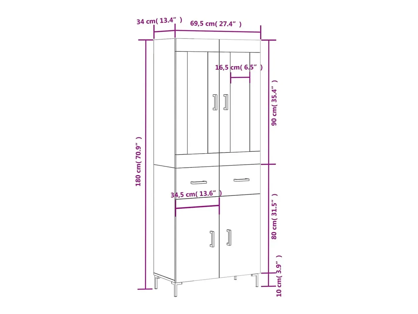 Aparador alto madera contrachapada color roble 69,5x34x180 cm