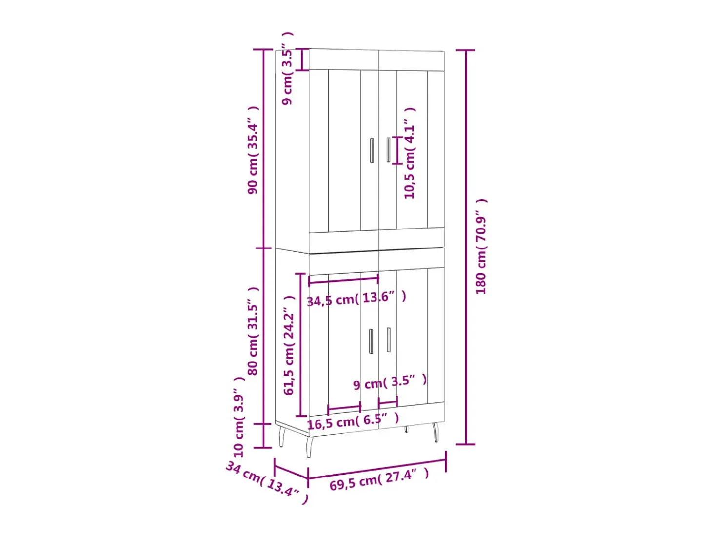 Aparador alto madera contrachapada roble ahumado 69,5x34x180 cm