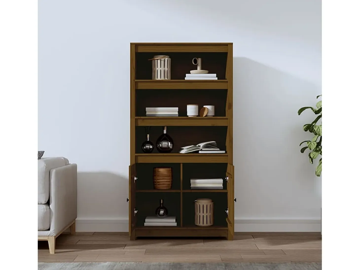 Aparador alto madera maciza de pino marrón miel 80x35x154 cm ES37567