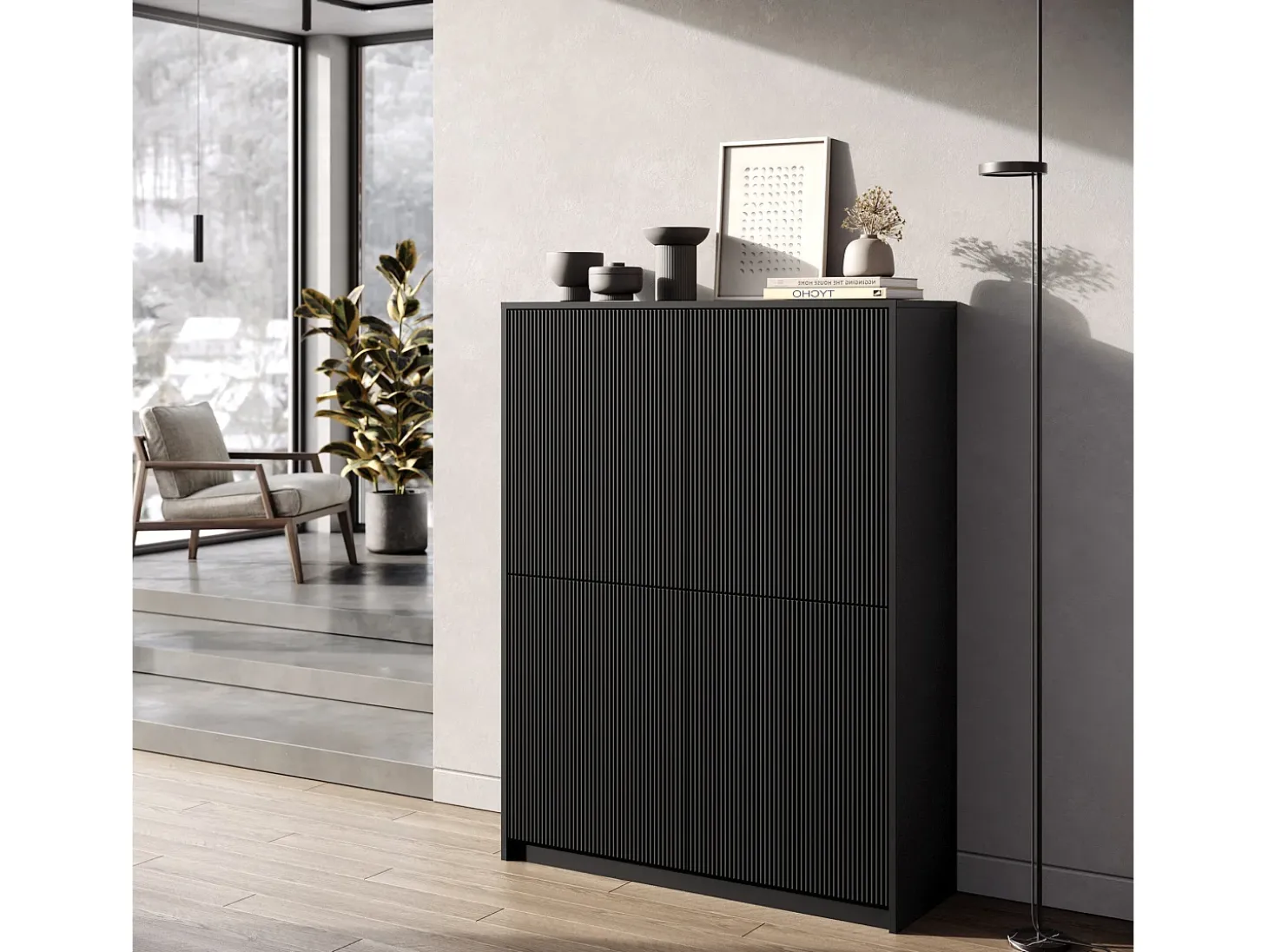 Aparador alto moderno con puertas canaleteadas Budapest - Negro