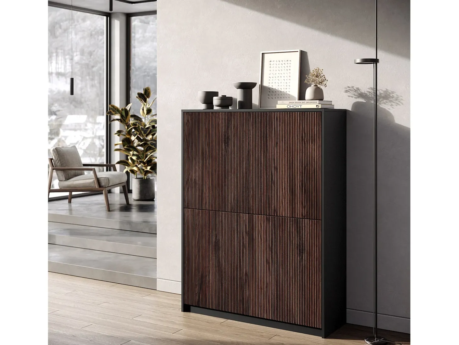 Aparador alto moderno con puertas canaleteadas Budapest - Marrón - Negro