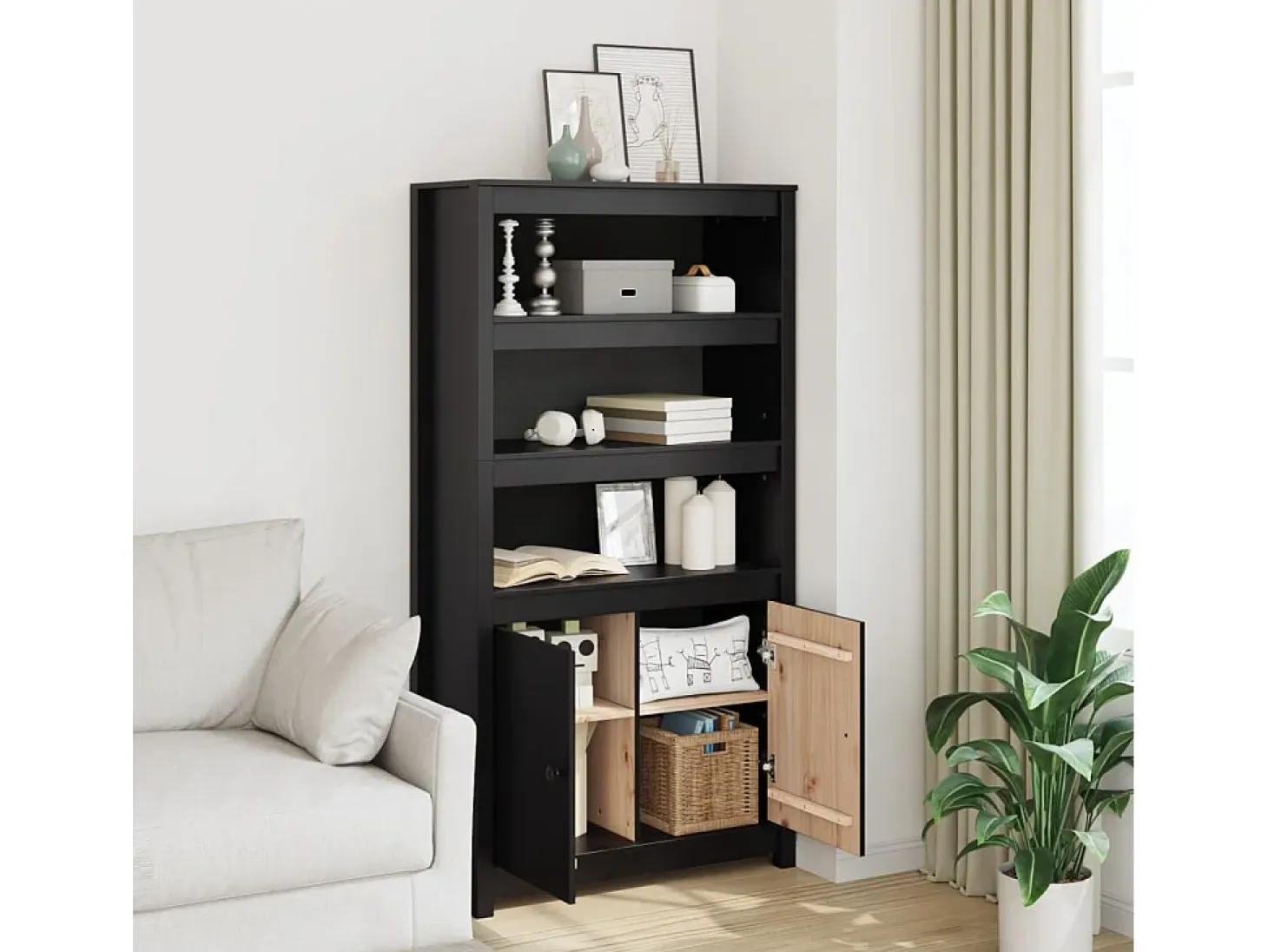 Aparador alto Negro 80x35x154 cm Madera maciza de pino