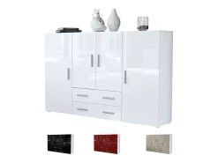 Aparador alto Nora con 2 cajones y 4 puertas con un total de 8 compartimentos detrás, blanco mate/burdeos de alto brillo (166,5 x 106,5 x 35 cm)