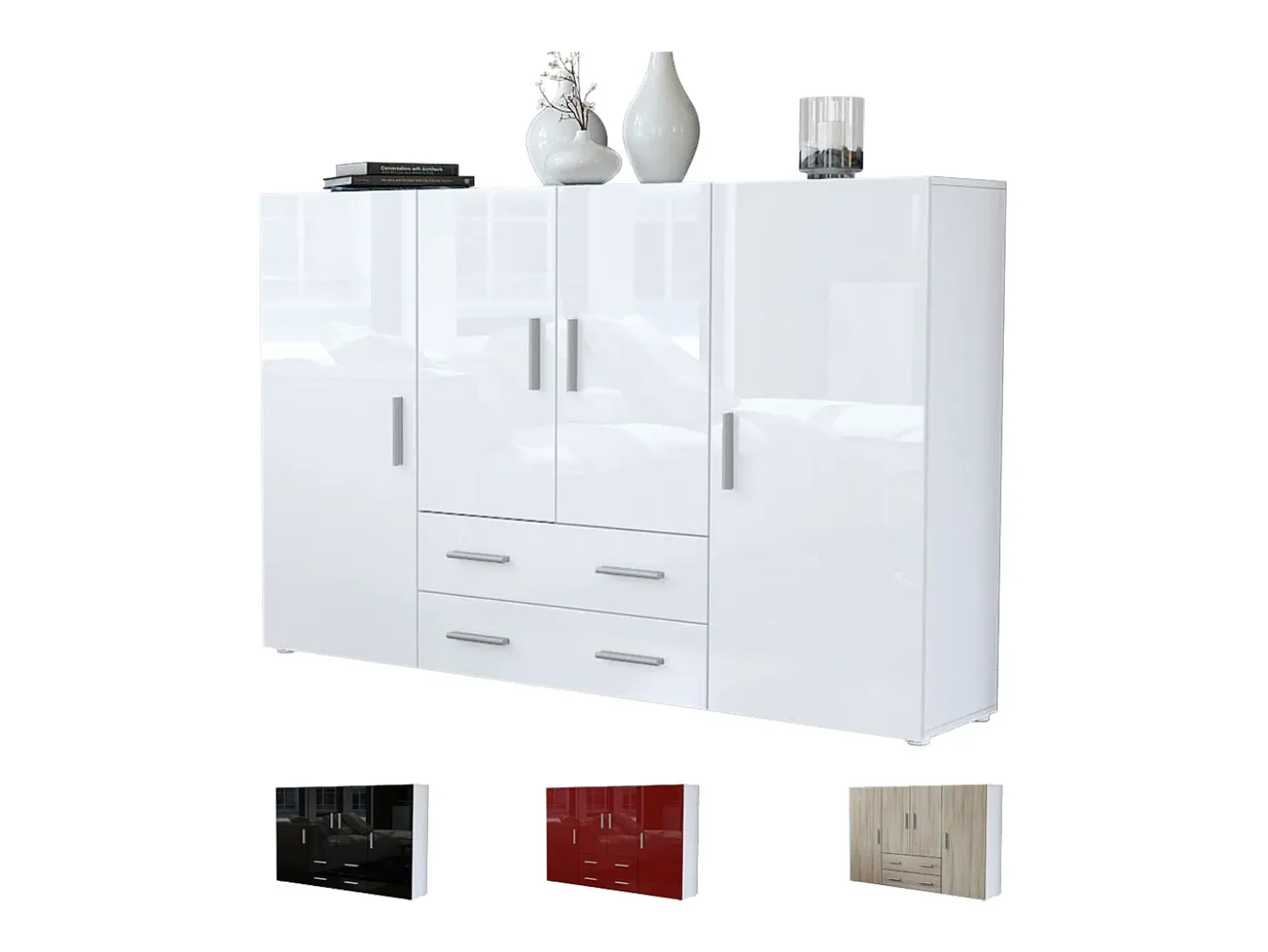 Aparador alto Nora con 2 cajones y 4 puertas con un total de 8 compartimentos detrás, blanco mate/gris de alto brillo (166,5 x 106,5 x 35 cm)