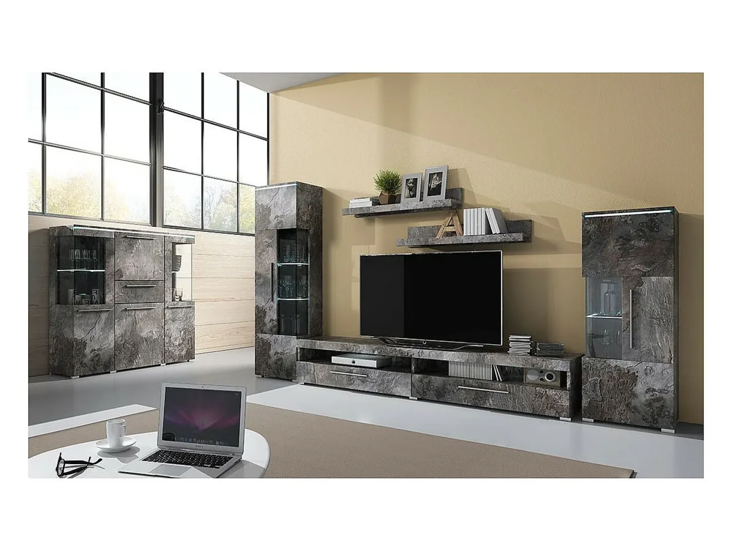 Aparador alto para salón color gris efecto pizarra colección BOMBAY