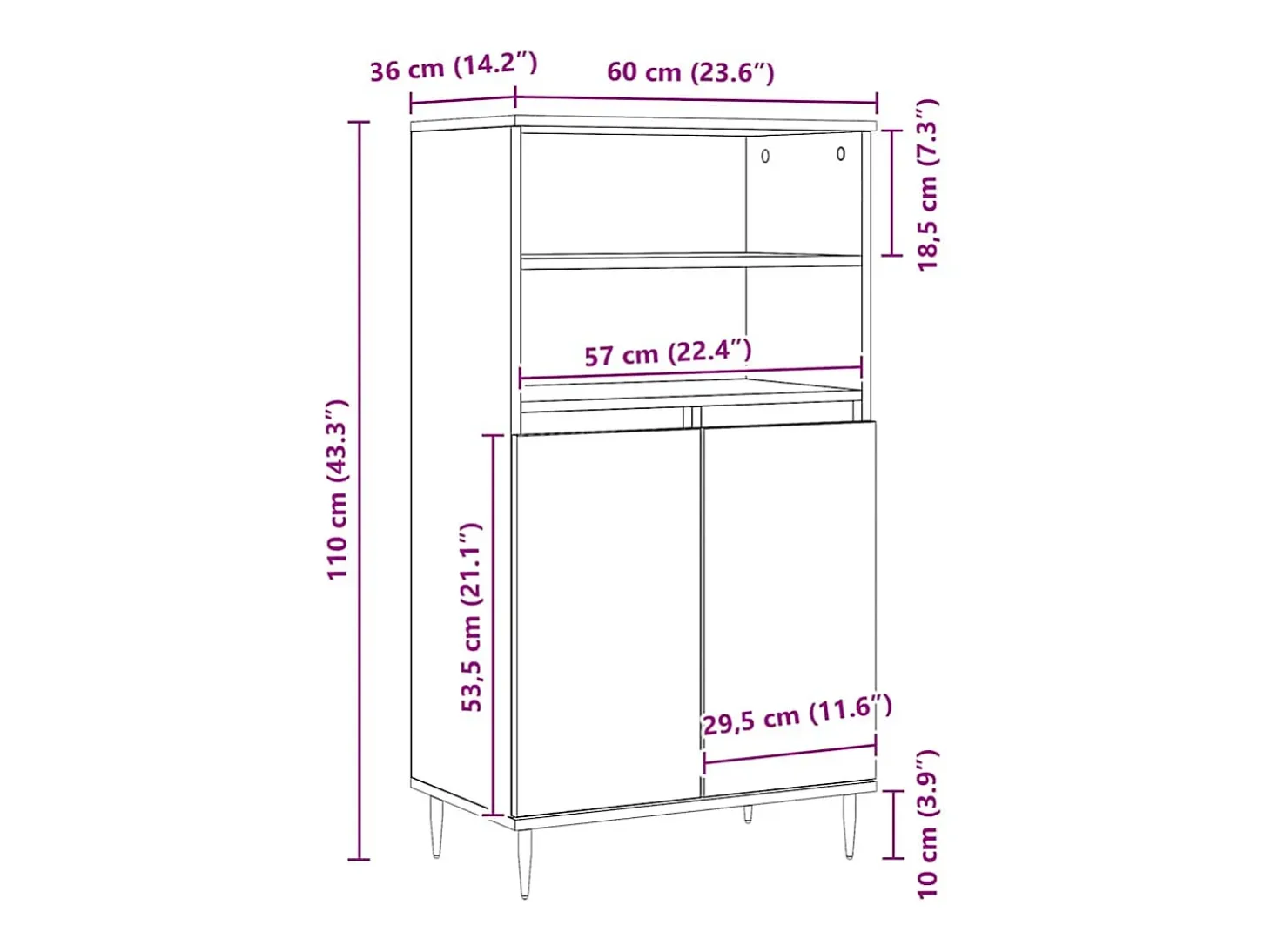 Aparador alto roble craft 60x36x110 cm madera de ingeniería