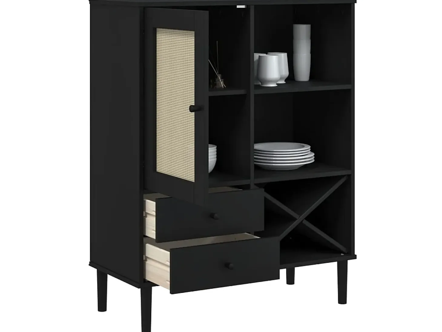 Aparador alto SENJA aspecto de ratán madera negro 90x40x112 cm ES75565