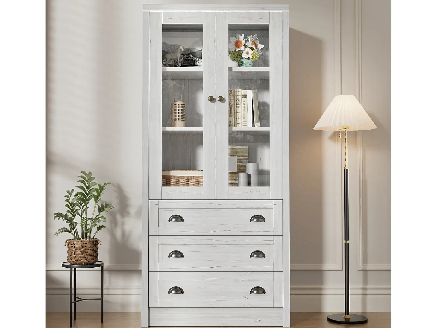 Aparador alto 80x34x171 cm – Símil madera con puertas de cristal, 3 cajones y tiradores de cobre, Gris