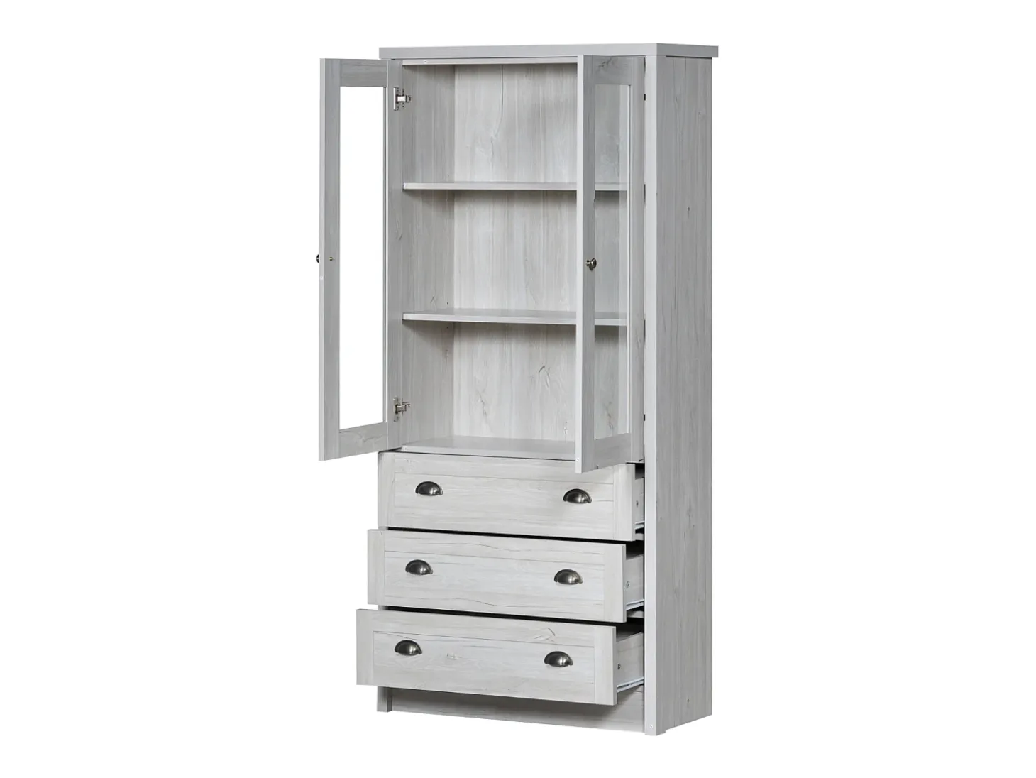 Aparador alto 80x34x171 cm – Símil madera con puertas de cristal, 3 cajones y tiradores de cobre, Gris