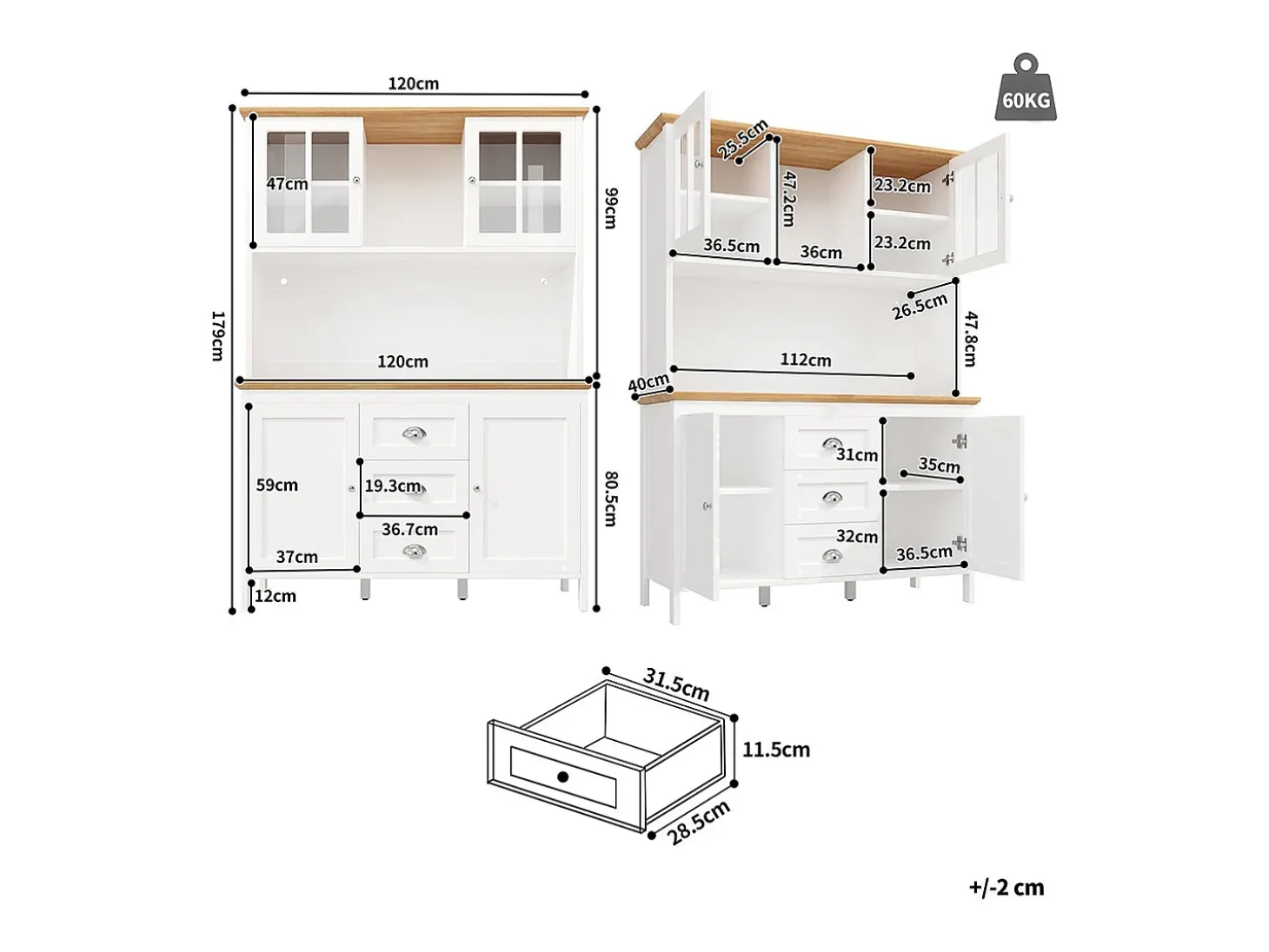 Aparador, armario alto con iluminación LED, 120x40x179 cm, 4 puertas y 3 cajones, blanco