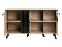 Aparador bajo - Decoración artesanal de roble y negro - 3 puertas de cristal y tableros de partículas - An 140 x Al 78 x Pr 41 cm