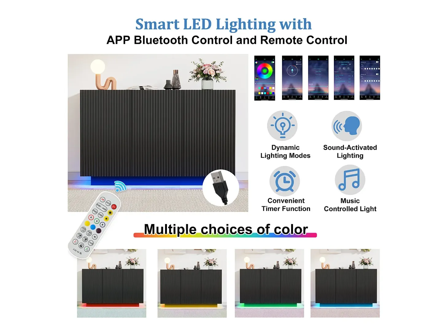 Aparador bajo 3 puertas - 120 x 70 x 75 cm - LEDs - Tapa efecto mármol - Madera MDF - Negro