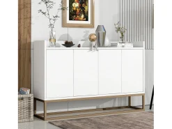 Aparador bajo 4 puertas - Patas de madera MDF y metal - Estilo moderno - Color blanco - 120 x 30 x 80 cm