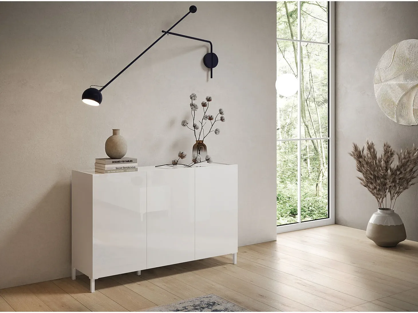 Aparador bajo 3 puertas 130x40x84 cm Solaria blanco brillante