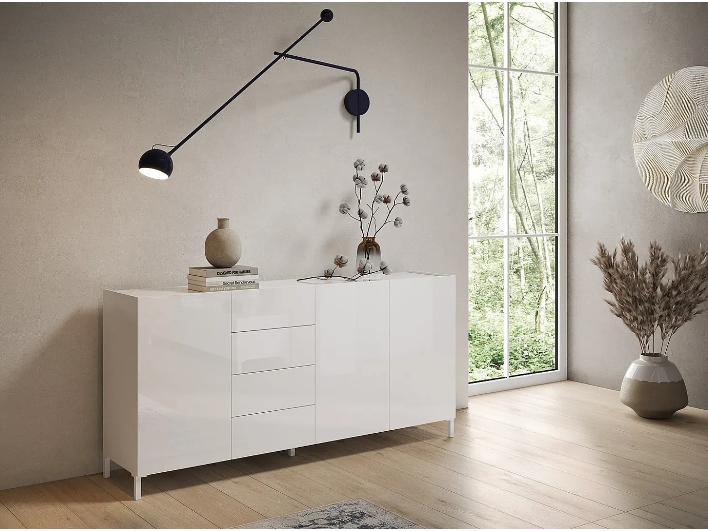 Aparador bajo 3 puertas y 4 cajones 174x40x84 cm Solaria blanco brillante