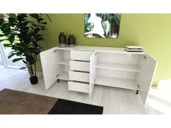 Aparador bajo 3 puertas y 4 cajones 174x40x84 cm Solaria blanco brillante