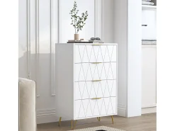 Aparador bajo con 6 cajones – Cómoda en madera MDF y metal dorado – 60x34x90 cm – Color blanco