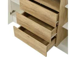 Aparador bajo con 2 puertas y 3 cajones, LEDs, Tablero de partículas, Alto brillo, Blanco, 140 L x 30 W x 77,5 H cm
